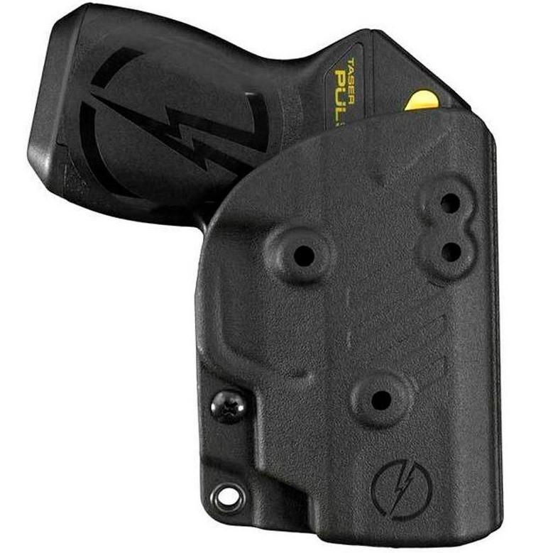 Black Blade-Tech Kydex holster with an adjustable clip, holding a TASER Pulse stun gun side view