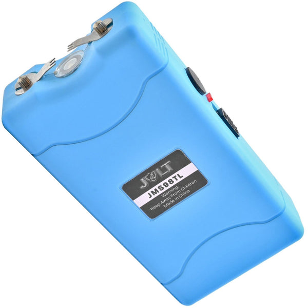 A close up view of blue 98M JOLT Mini Rechargeable LED Triple Stun Gun