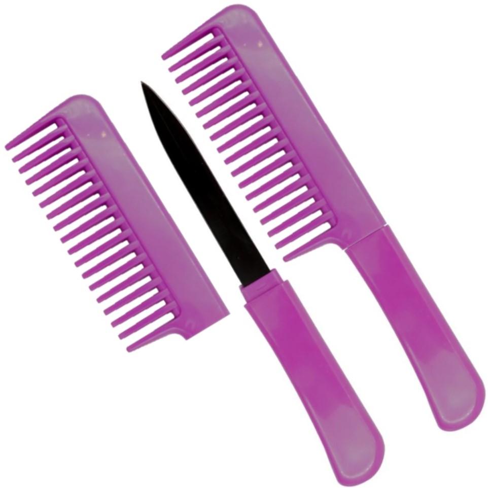 Dark pink Tiger-USA Comb Knife, disassembled to show the hidden stainless steel blade between the two comb pieces