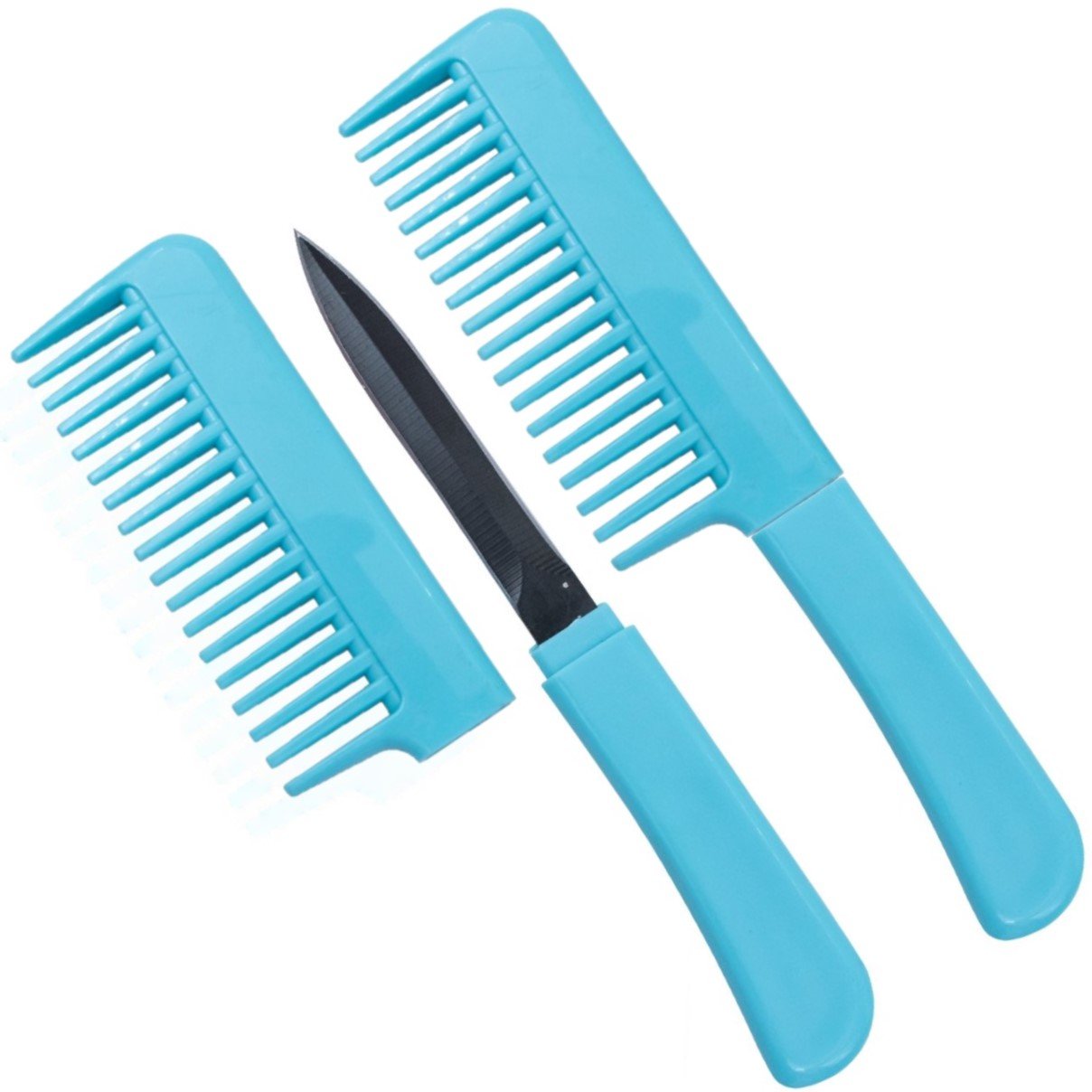 Blue Tiger-USA Comb Knife, disassembled to show the hidden stainless steel blade between the two comb pieces