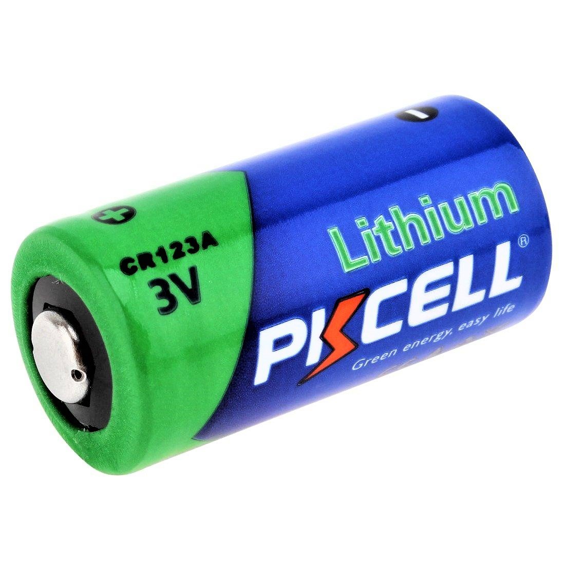 PKCELL 3V Hi-Energy Lithium CR123A Battery in color blue and green