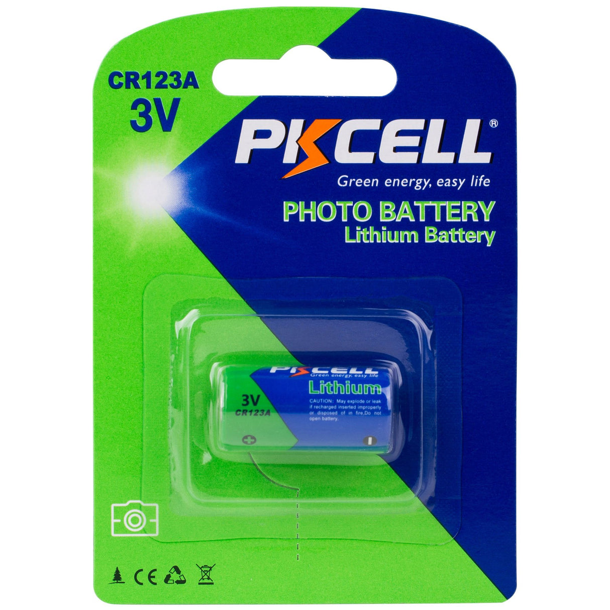 PKCELL 3V Hi-Energy Lithium CR123A Battery in color blue and green in packaging