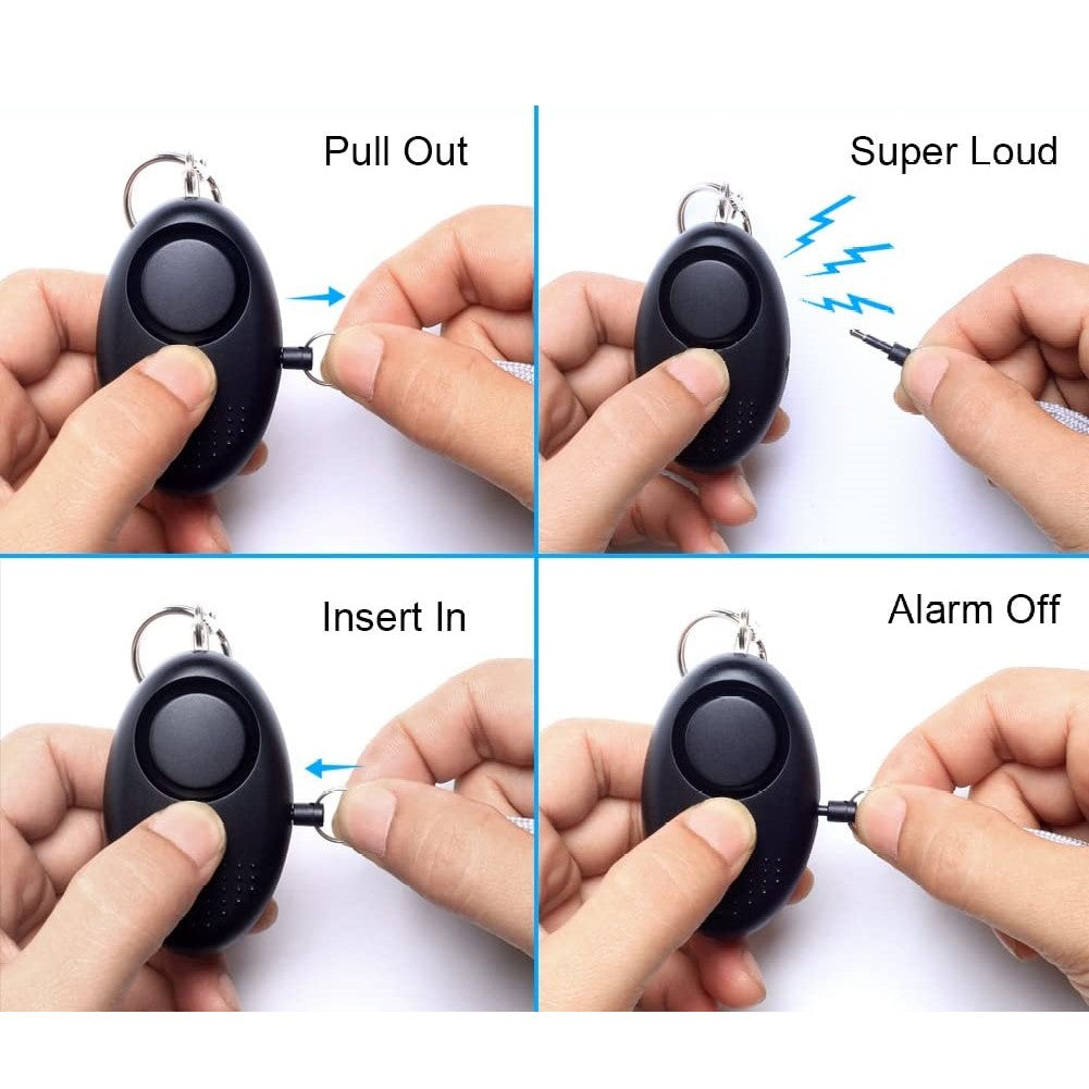 Step-by-step instructional graphic showing hands demonstrating how to hold, open, and use a Crow Alert LED Personal Panic Alarm