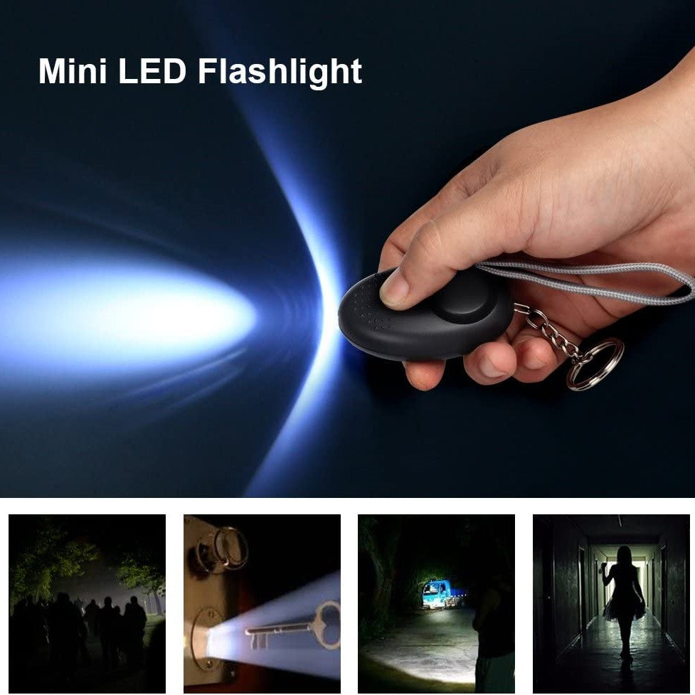 Promotional image showing a Crow Alert LED Personal Panic Alarm emitting a bright LED beam, with close-up views demonstrating its light output in dark environments.