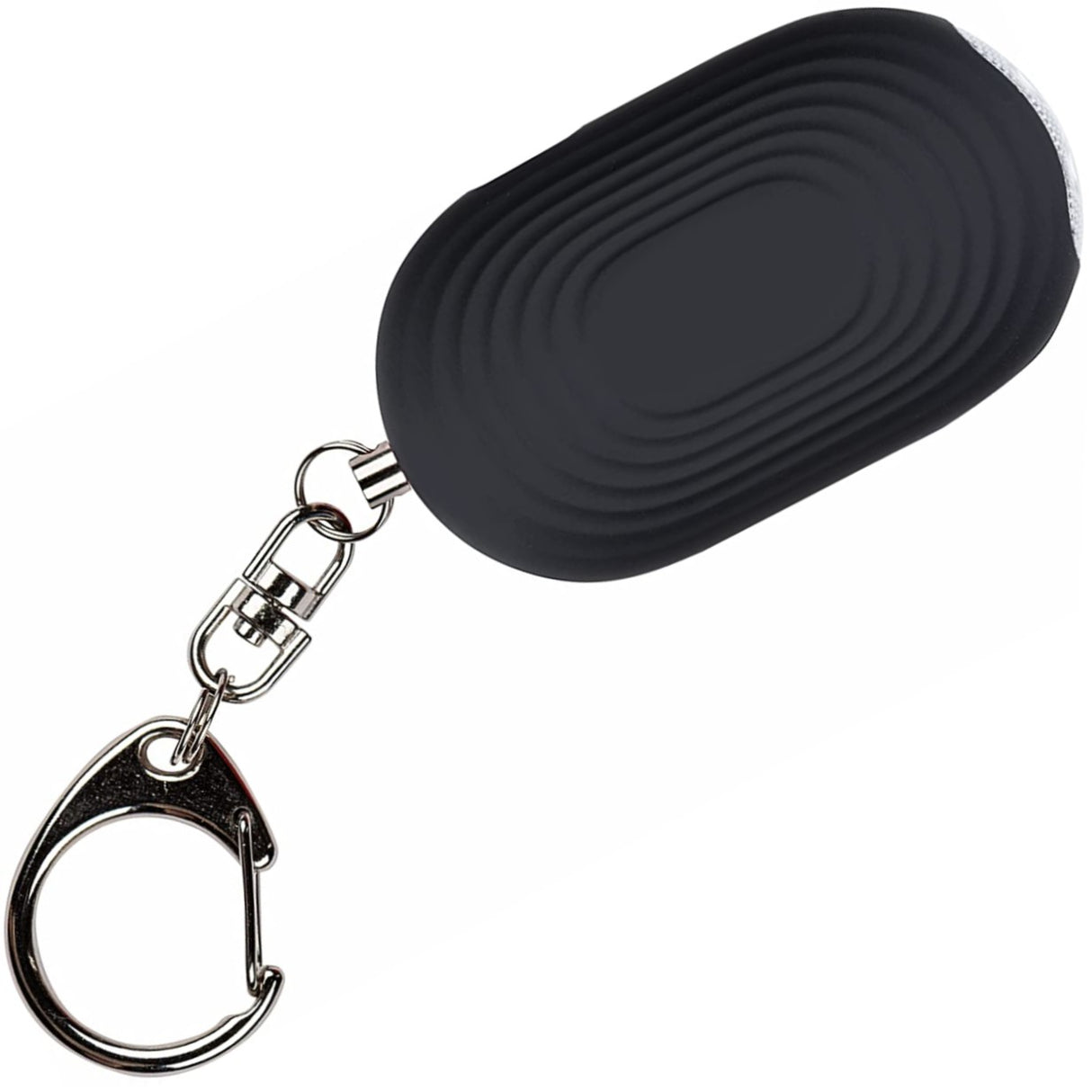 A black Crow Alert Personal Pull Pin Panic Alarm 130dB w/ LED Light with a metallic keychain