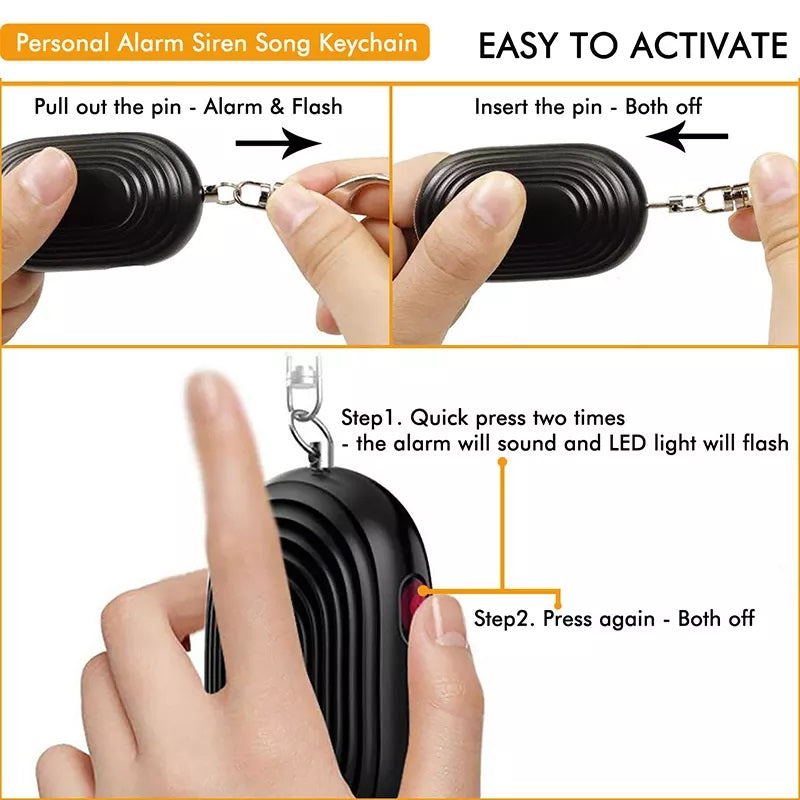Four-step instructional graphic showing how to activate the Crow Alert Personal Pull Pin Panic Alarm by pulling the pin or double-pressing the SOS button.