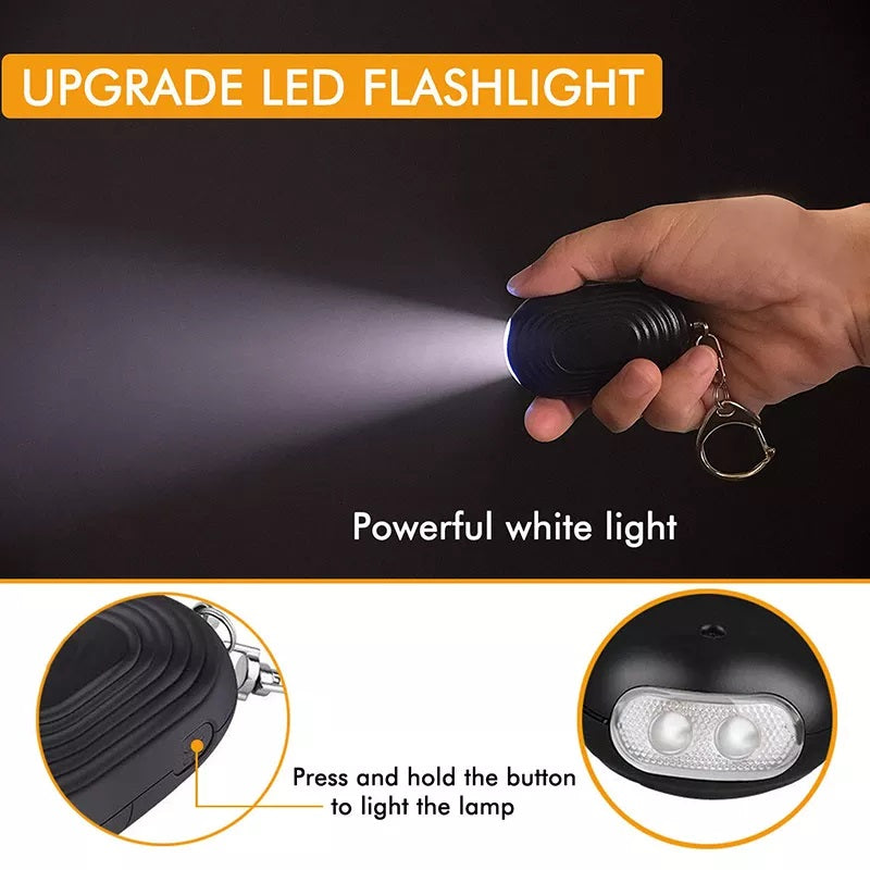 Demonstration of the upgraded LED flashlight feature of Crow Alert Personal Pull Pin Panic Alarm emitting a powerful white light
