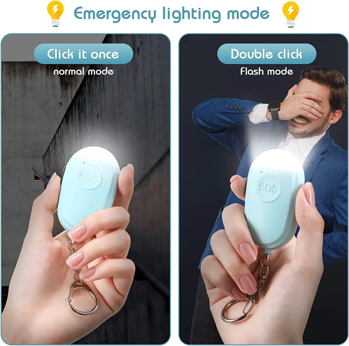 Two-panel demonstration of 'Emergency lighting mode' of Crow Alert Rechargeable SOS LED Personal Panic Alarm showing how to click once for normal steady light or double-click for a strobe flash mode on the safety device.