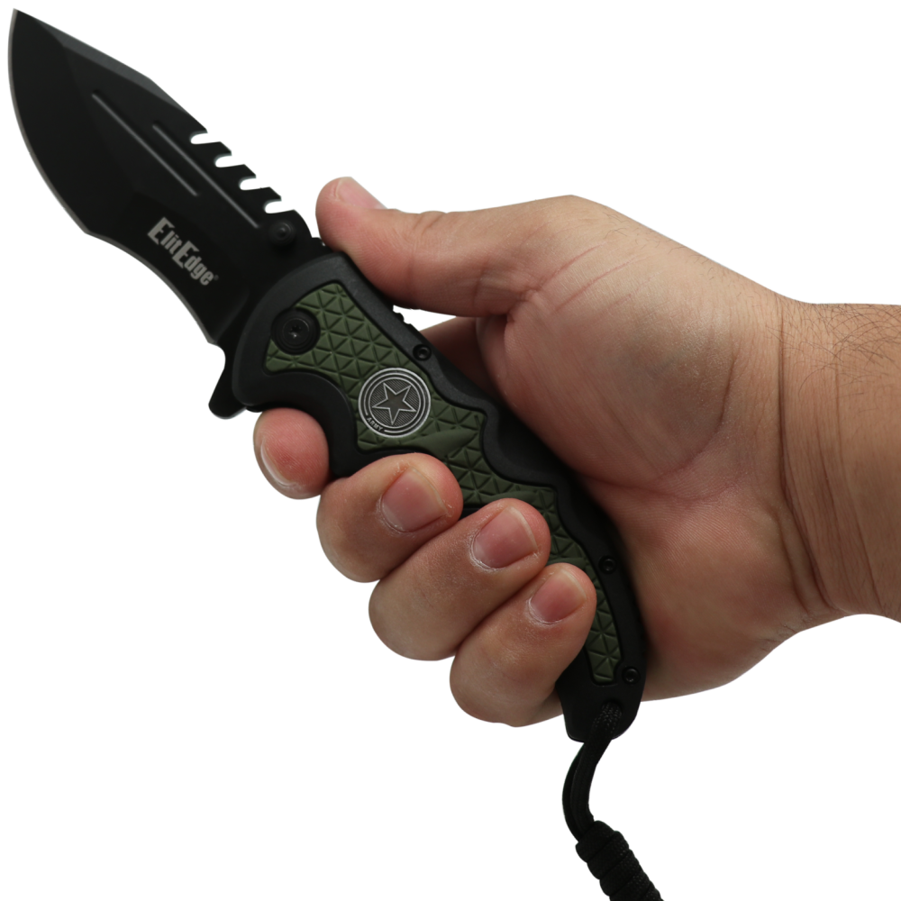 hand holding an open Black 3.5" folding tactical knife by Elite Edge with an army green camouflage handle with paracord