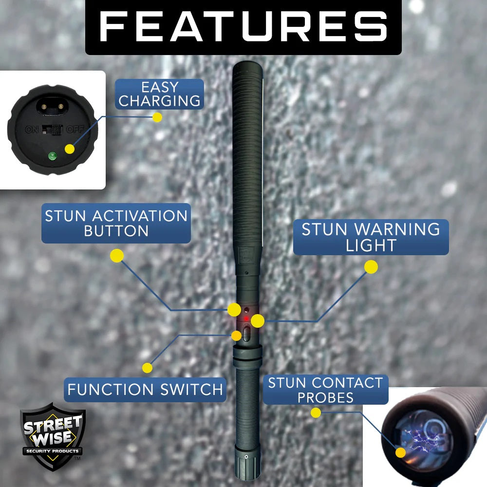 Graphic highlighting key features of 18-inch Lightning Rod LED Stun Gun Baton from Streetwise