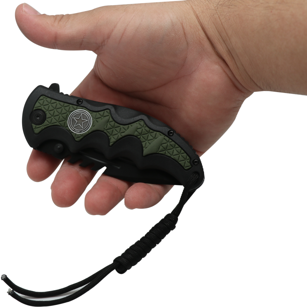 a hand holding a closed Black 3.5" folding tactical knife by Elite Edge with an army green camouflage handle with paracord