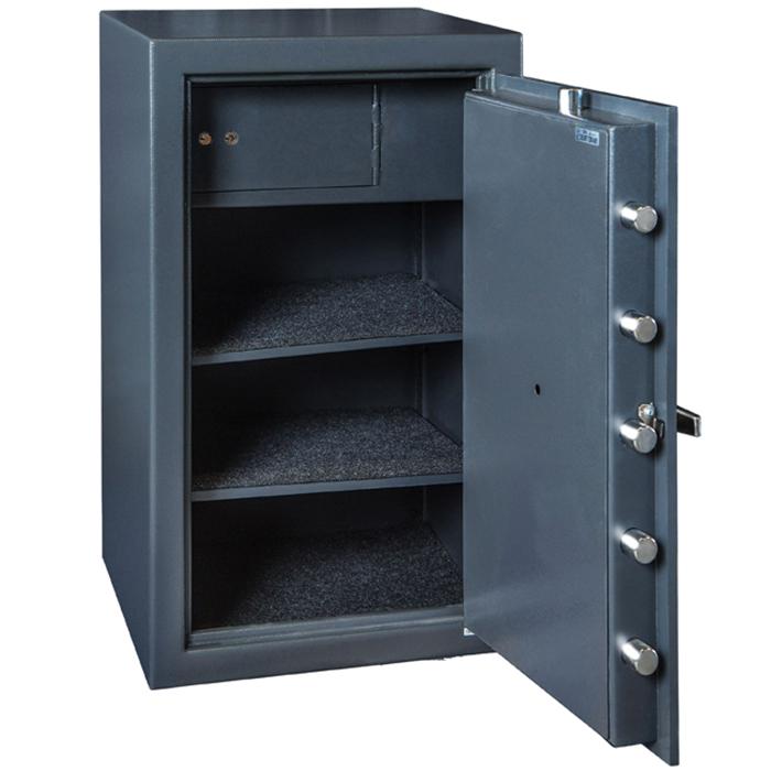 An open Hollon 310E Fireproof Electronic Keypad Lock Home Safe showing the 3 layers inside and its lock mechanism