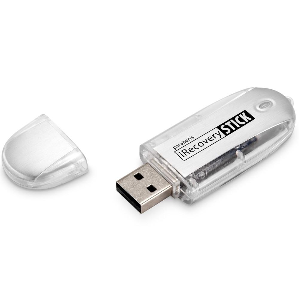 A clear and silver Paraben iPhone File & Data Recovery USB Stick with the cap removed