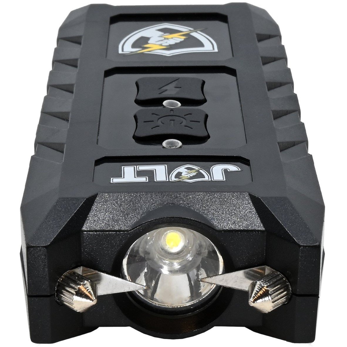 Close up view of JOLT 3-N-1 SafeKeeper LED Personal Alarm Stun Gun 92M showing its flashlight