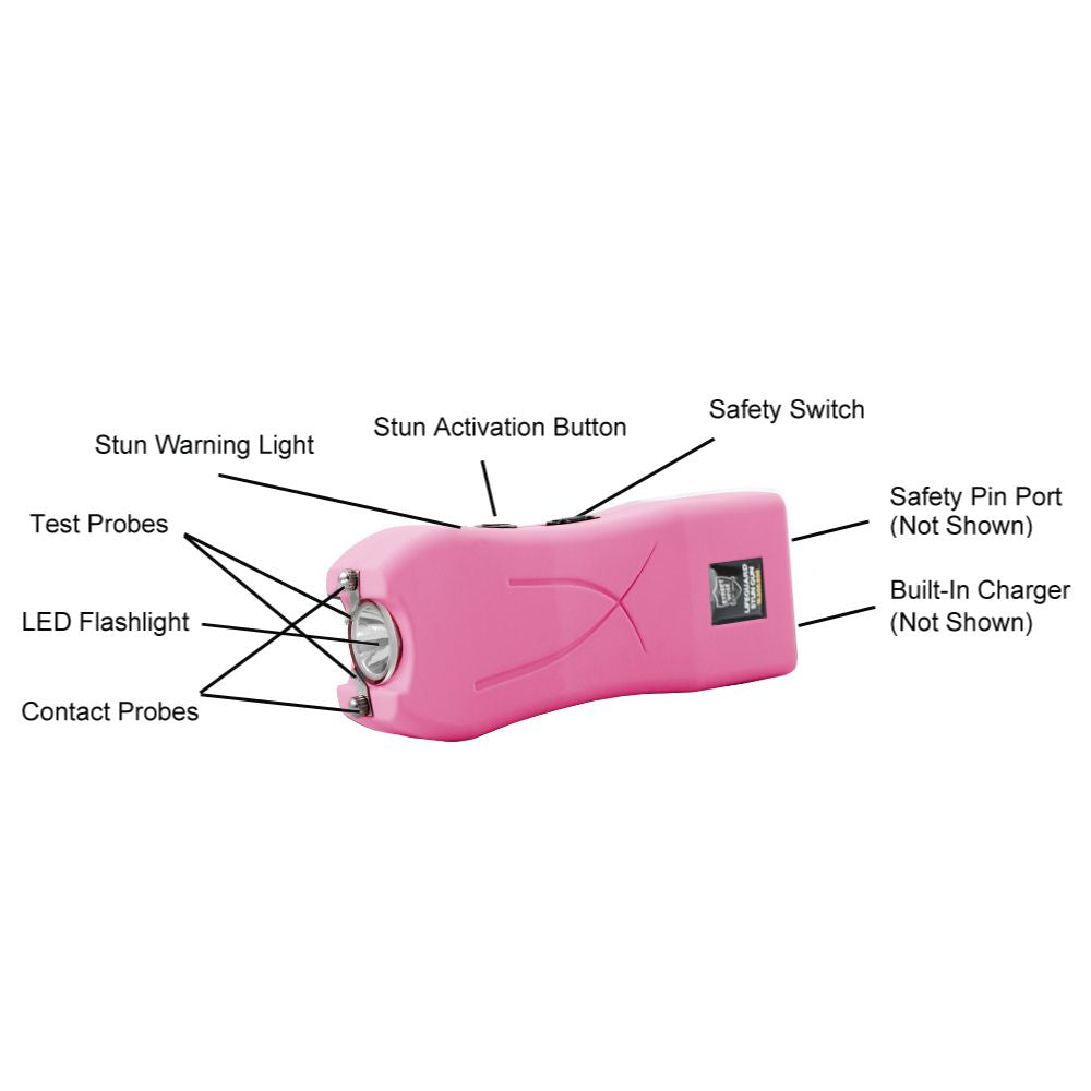 Diagram labeling all key features of Pink Mini Rechargeable Stun Gun from Streetwise