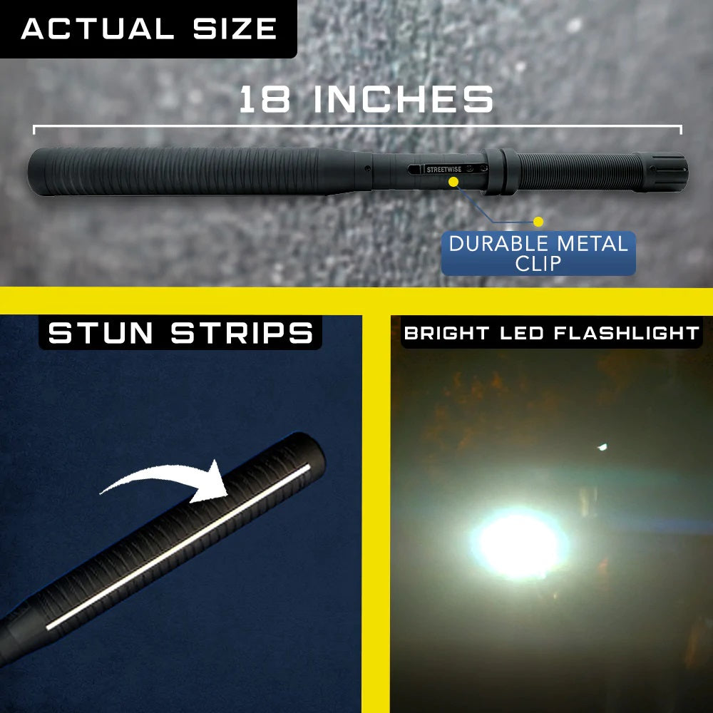 Graphic highlighting key features of 18-inch Lightning Rod LED Stun Gun Baton from Streetwise