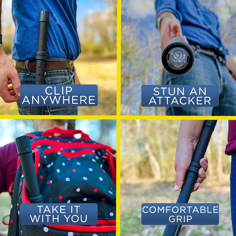 4 collaged images showing sample functions of 18-inch Lightning Rod LED Stun Gun Baton from Streetwise