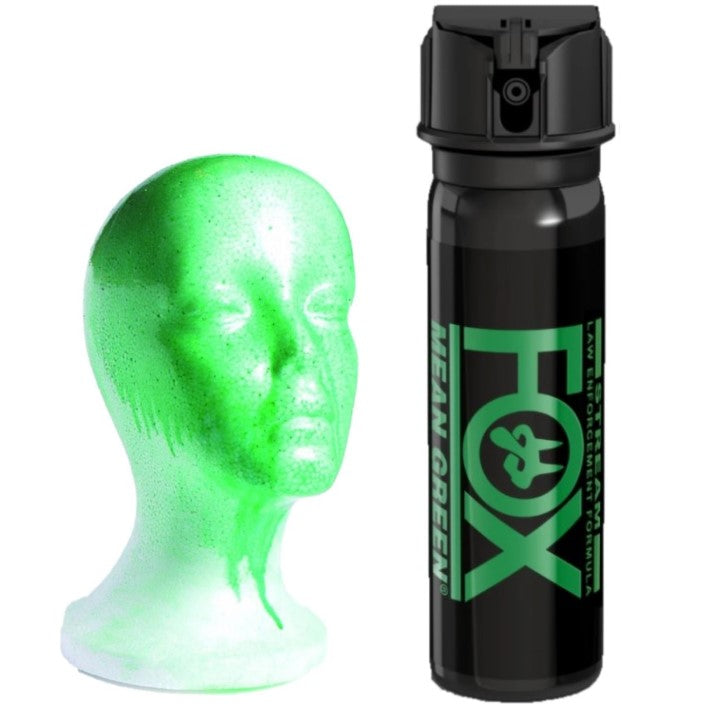 3 oz Green Staining Pepper Spray and a dummy showing green marking spray on face