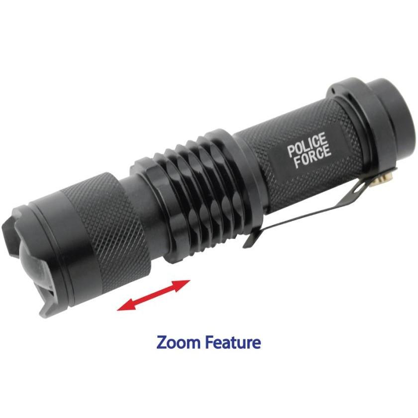 Police force flashlight with zoom showcased in image