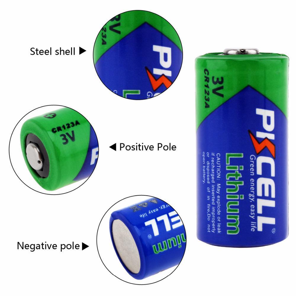 Diagram showing and labeling the positive pole, negative pole, and steel shell of PKCELL 3V Hi-Energy Lithium CR123A Battery