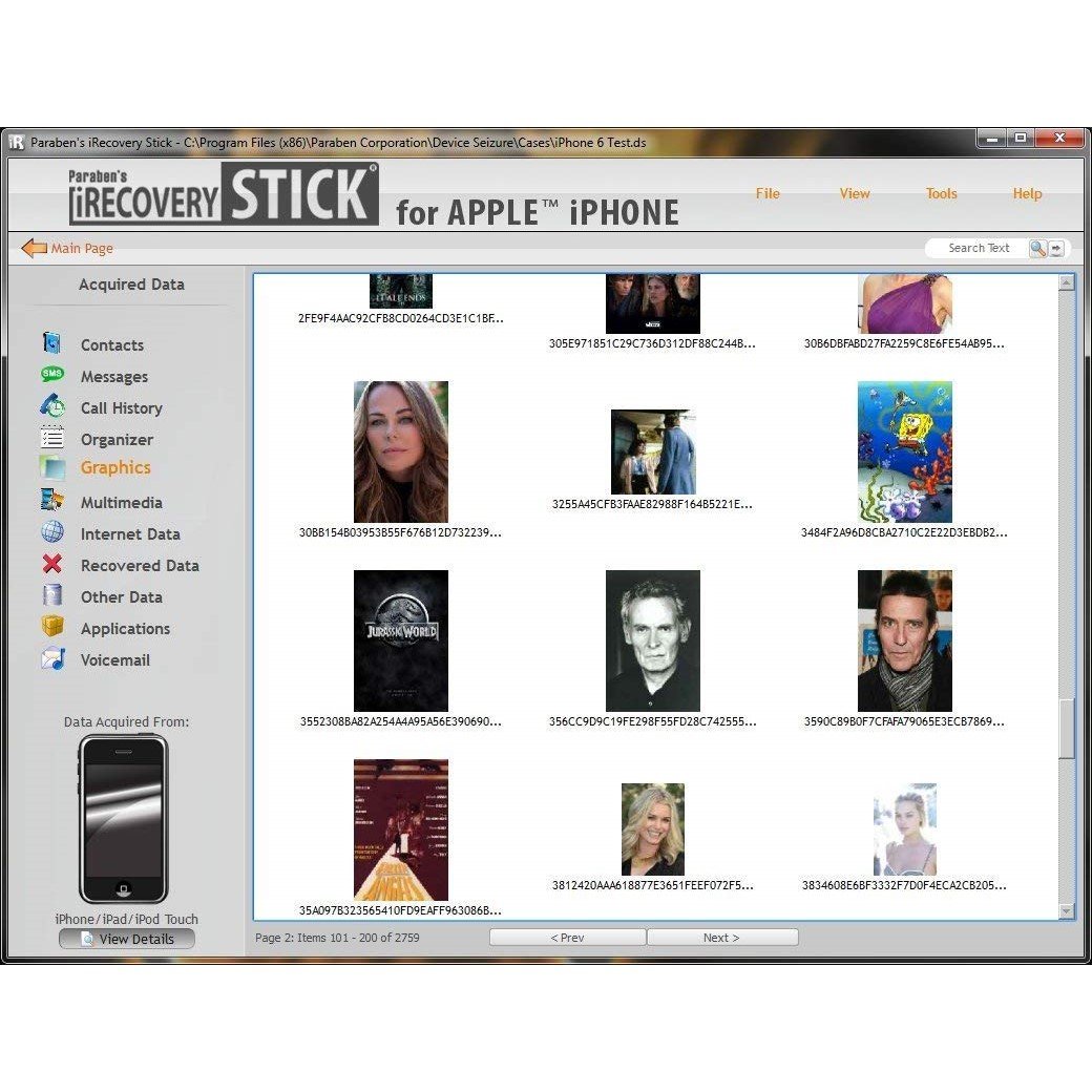 Computer software for Paraben Iphone File & Data Recovery USB Stick showing recovered photos