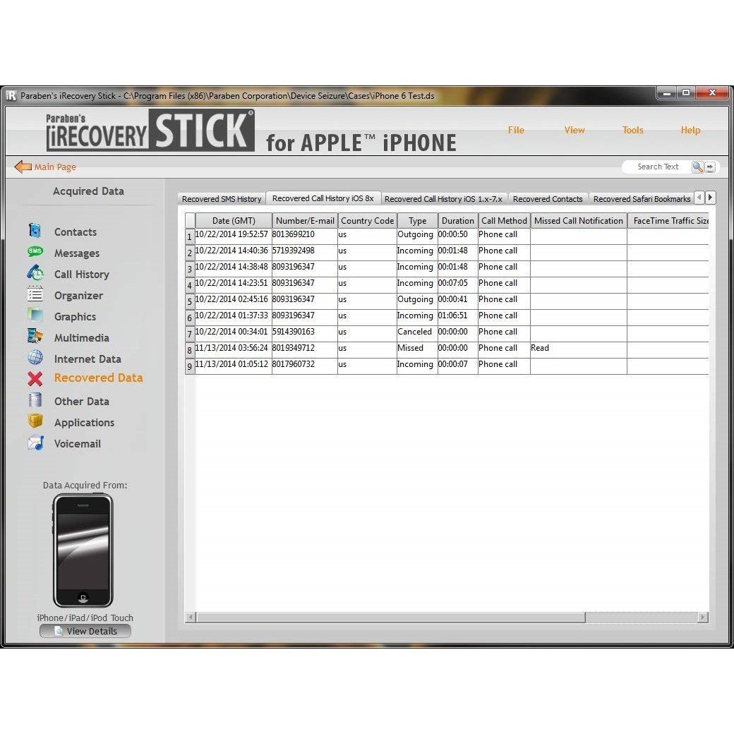 Paraben iPhone File & Data Recovery USB Stick software interface displaying recovered files from an iphone