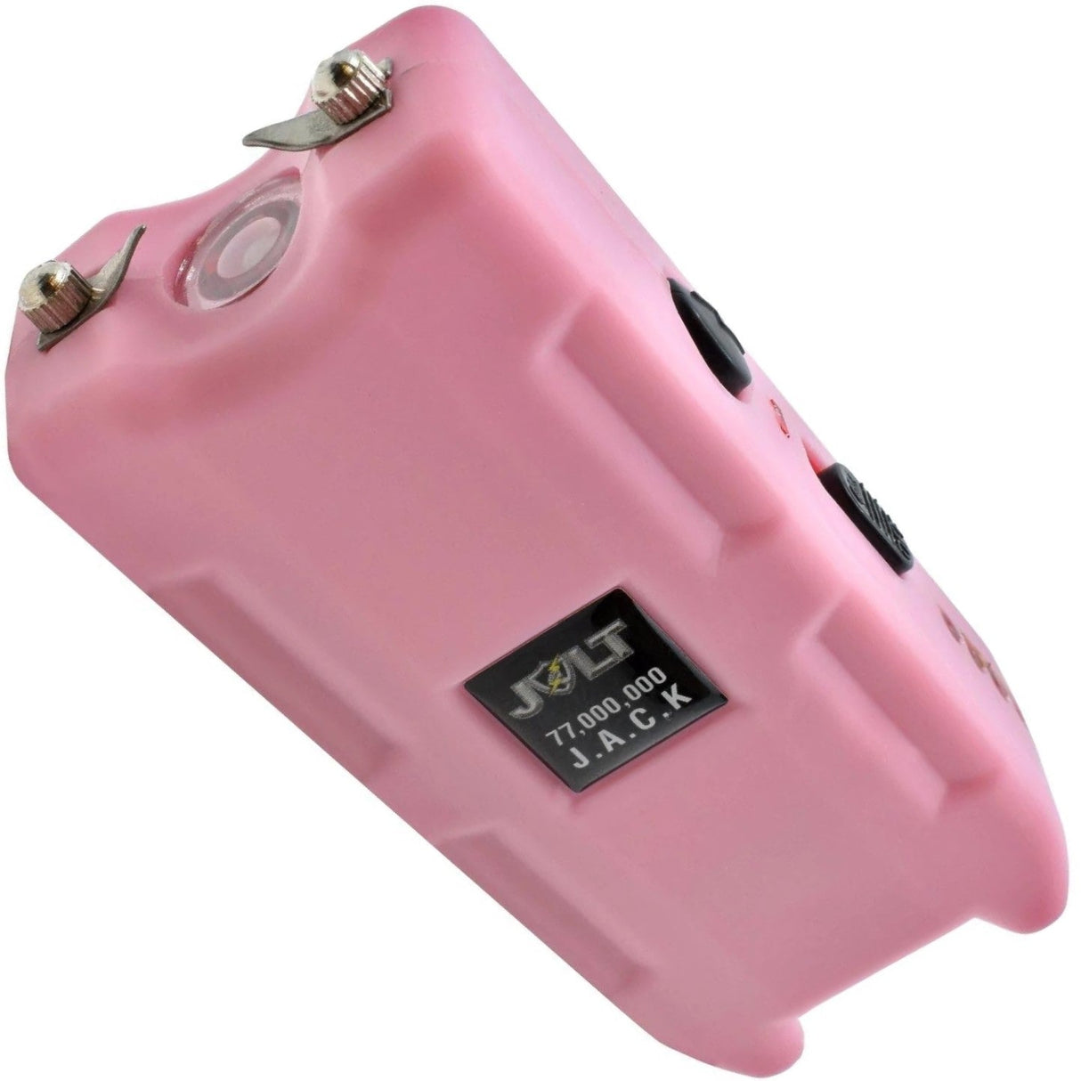 Close-up of the front of the pink JOLT J.A.C.K. stun gun, showing the two metal contact probes
