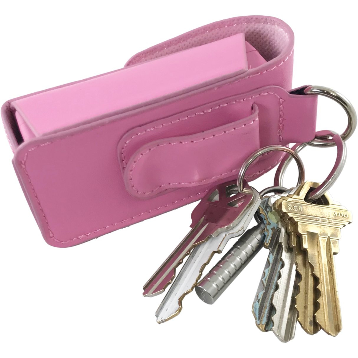 Back view of Pink Holster for Streetwise S.M.A.C.K. Keychain Stun Gun 16M with keys attached