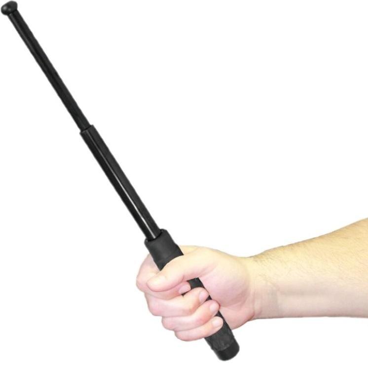 A hand holding an expanded 16" Police Force Tactical Expandable Solid Steel Baton