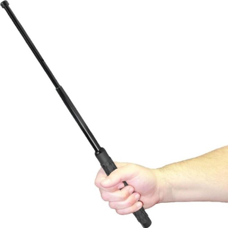 A hand holding an expanded 21" Police Force Tactical Expandable Solid Steel Baton