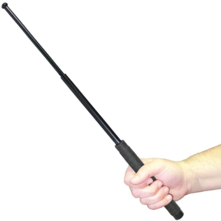 A hand holding an expanded 31" Police Force Tactical Expandable Solid Steel Baton