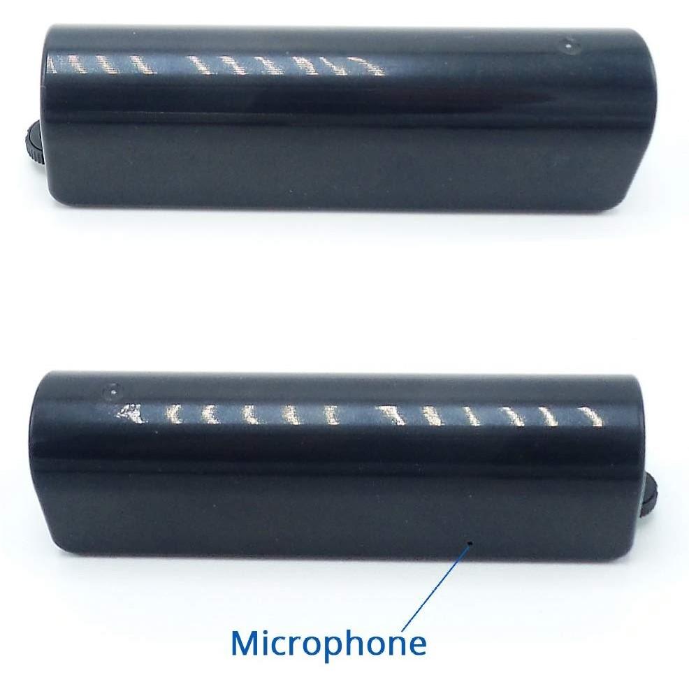 A pair of black Rechargeable Voice Recorder & Power Bank with label of the microphone position