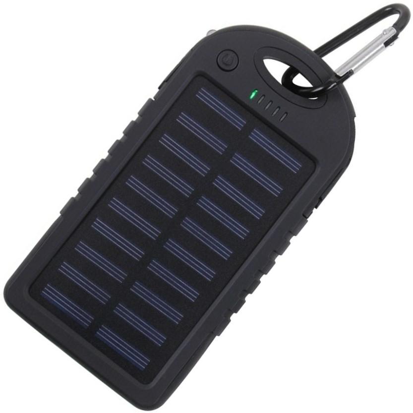A black Rothco Portable Waterproof Solar Power Bank with a built-in solar panel and a carabiner clip on top.