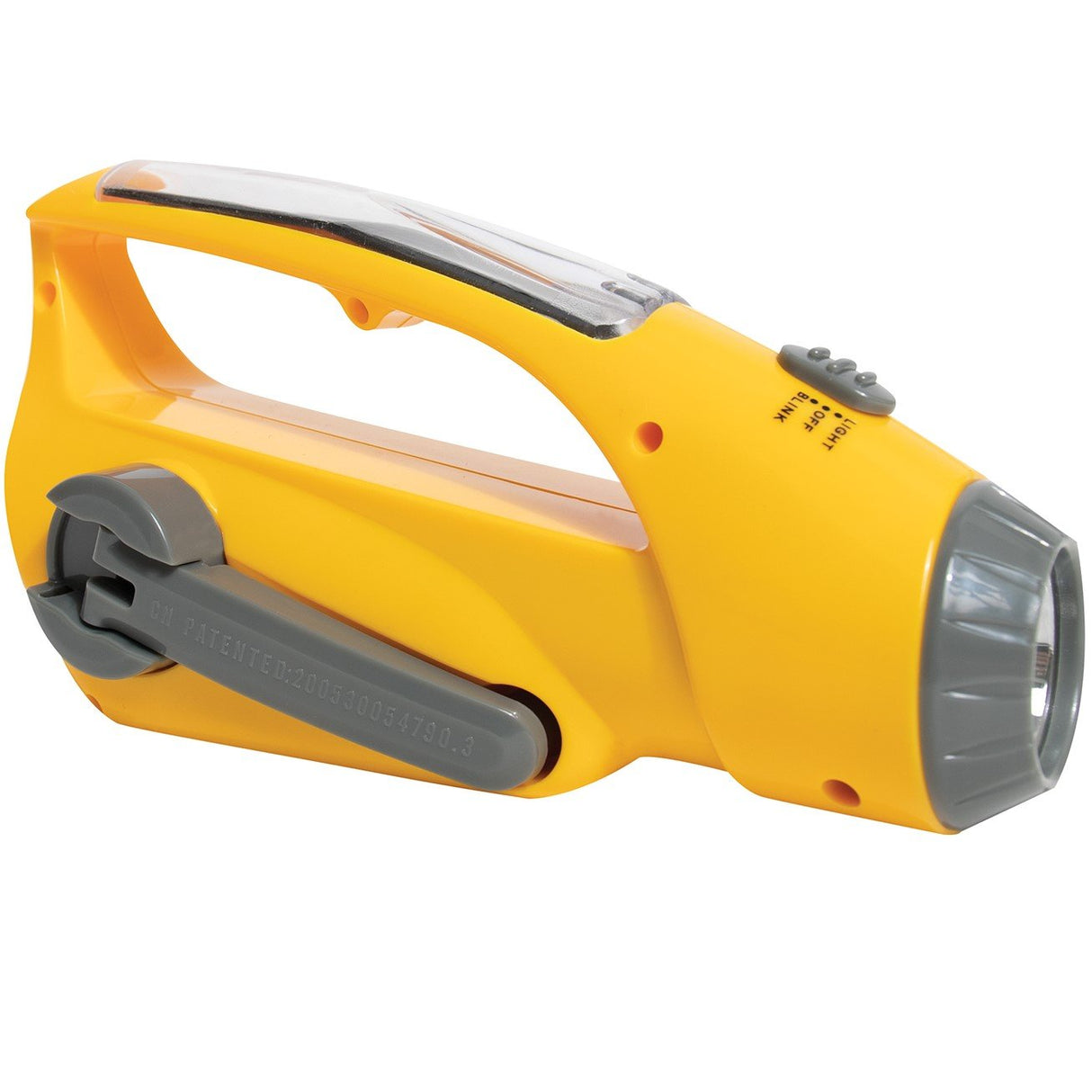 Sideview of Yellow Rothco Solar & Handcrank Powered Emergency Flashlight Radio highlighting its handcrank