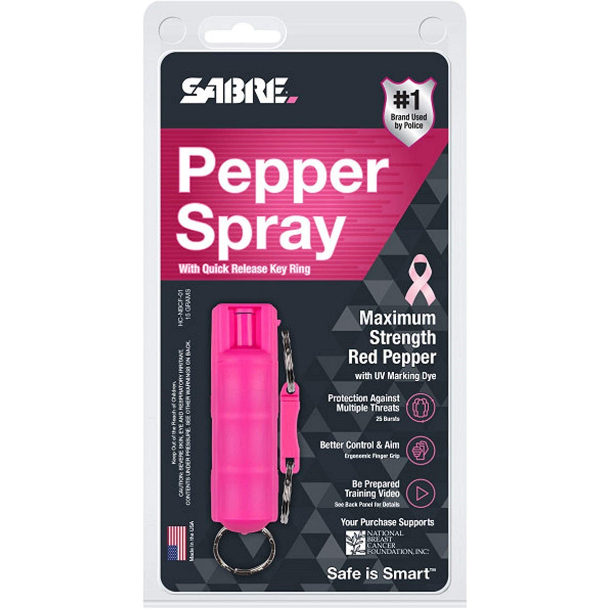 Pink SABRE® Red Pepper Spray w/ Quick Release Keychain in a packaging
