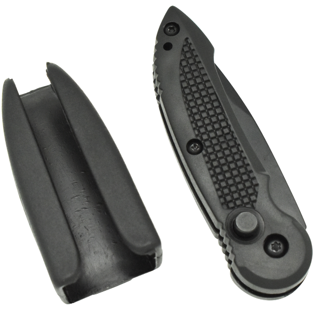 closed Black Spring Assisted Stainless Steel EDC Folding Pocket Knife shown open with its plastic holster