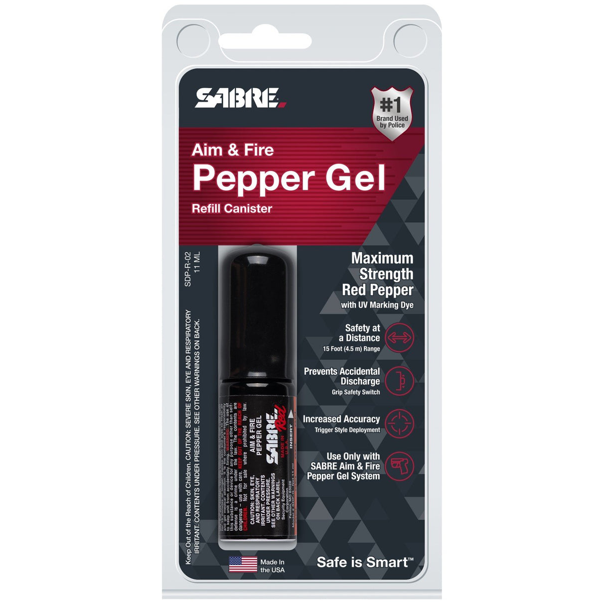 SABRE Red Aim & Fire Pepper Gel Refill Canister in a packaging