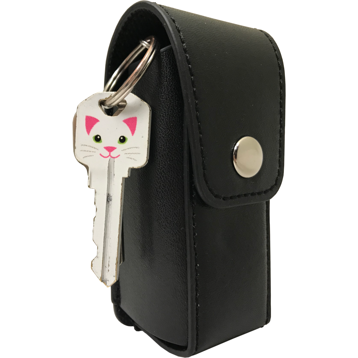Black leather snap holster with a key attached to the keyring, featuring a cat-face key head