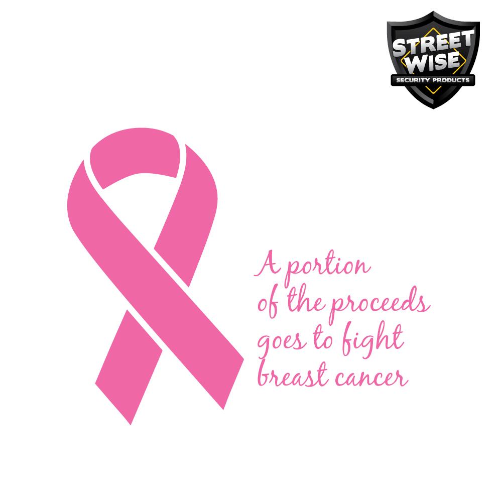 Graphic with a pink awareness ribbon and text about proceeds going to fight breast cancer