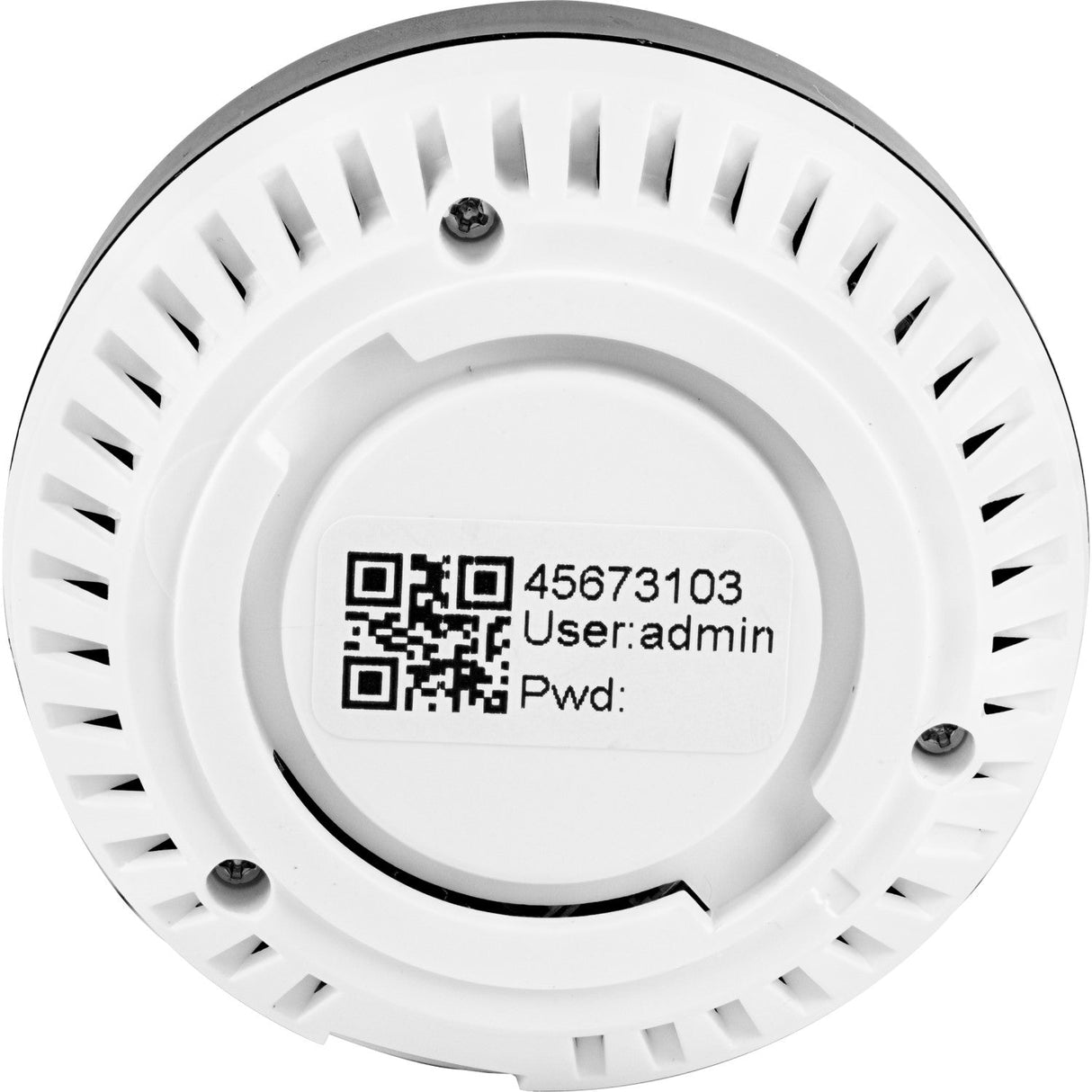 The back of Black and white SpyWfi 360-degree fish-eye security camera, showing the lens showing the base base with a QR code and default login details