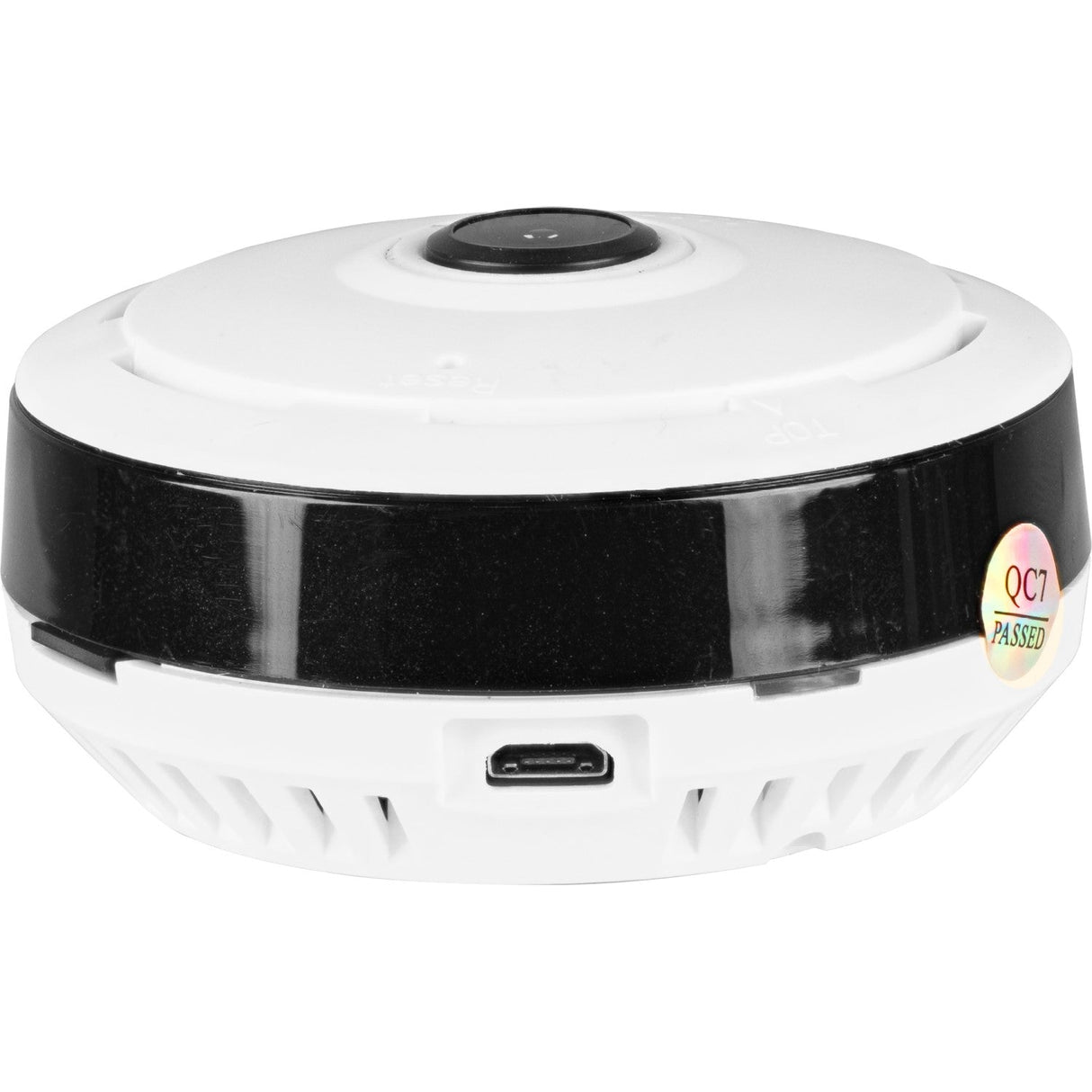 Close-up of the SpyWfi 360-degree security camera, showing its micro USB charging port and the 'QC Passed' sticker.
