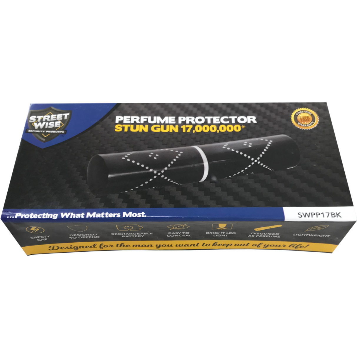 Black stun gun disguised as a perfume or lipstick tube in packaging