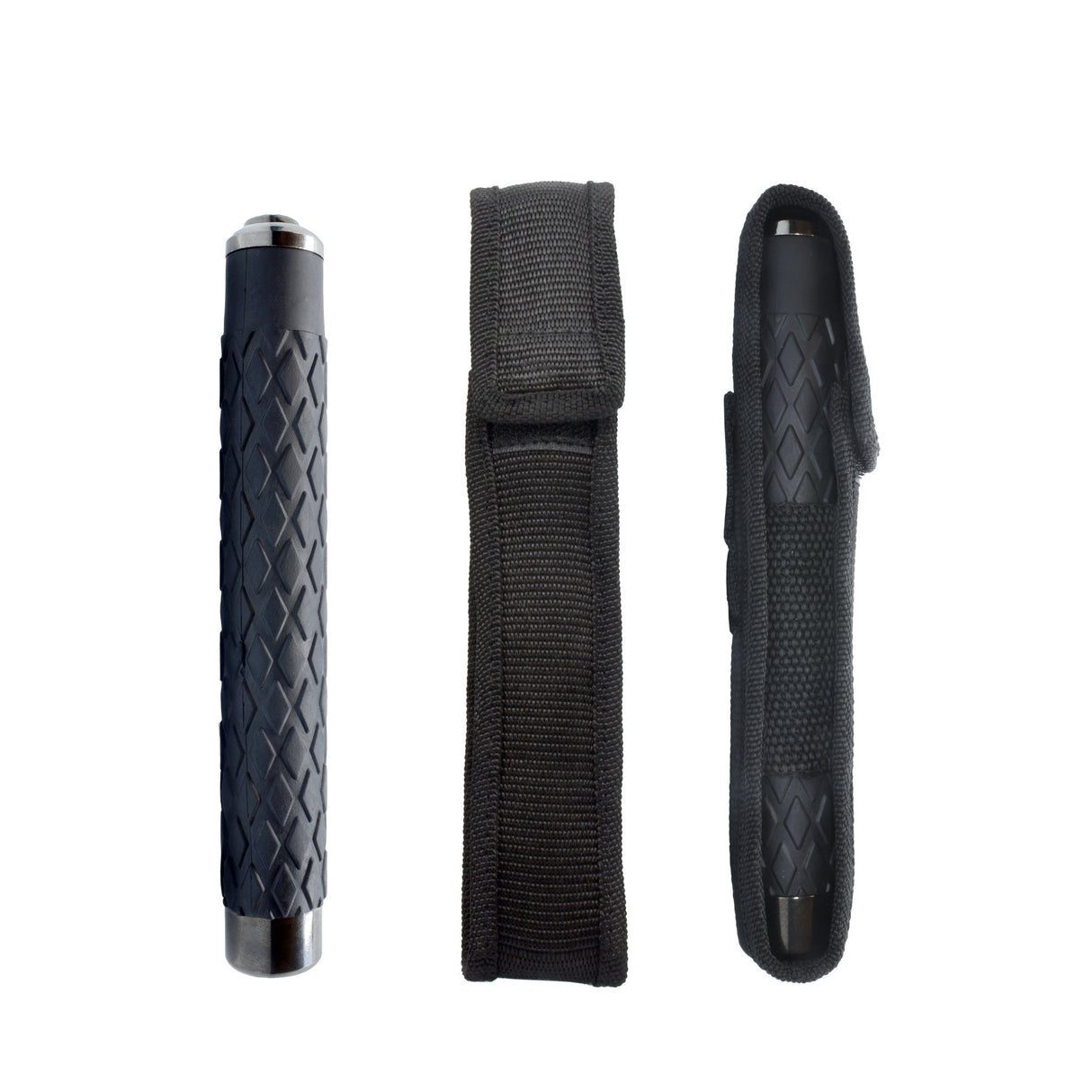 Three views of the 21" Streetwise Expandable Solid Steel Baton: : collapsed, its nylon carrying sheath, and the baton inserted into the sheath