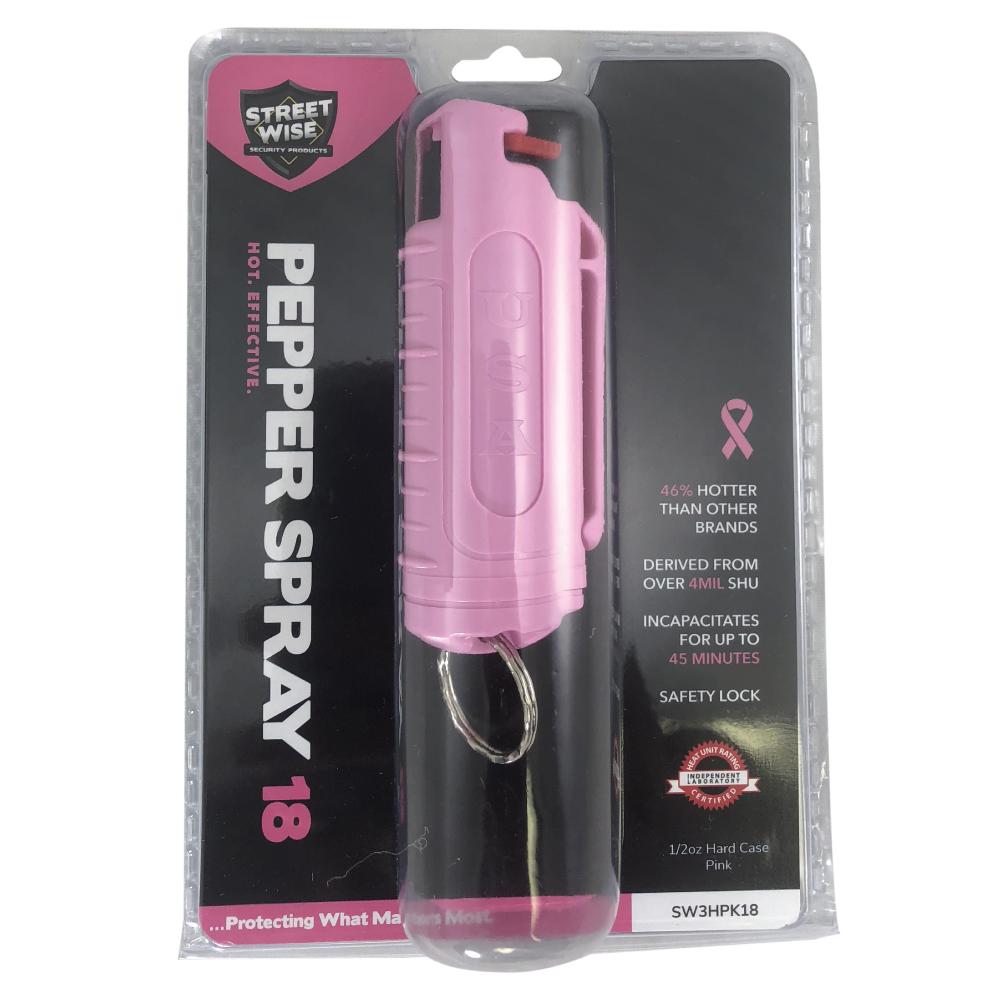 Pink 18" Streetwise Hard Shell Keychain Pepper Spray with keyring in a packaging