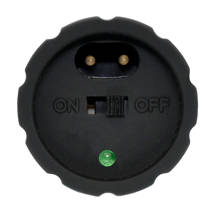 Close up view of the charging pins, ON/OFF switch, and a green light of 18-inch Lightning Rod LED Stun Gun Baton from Streetwise