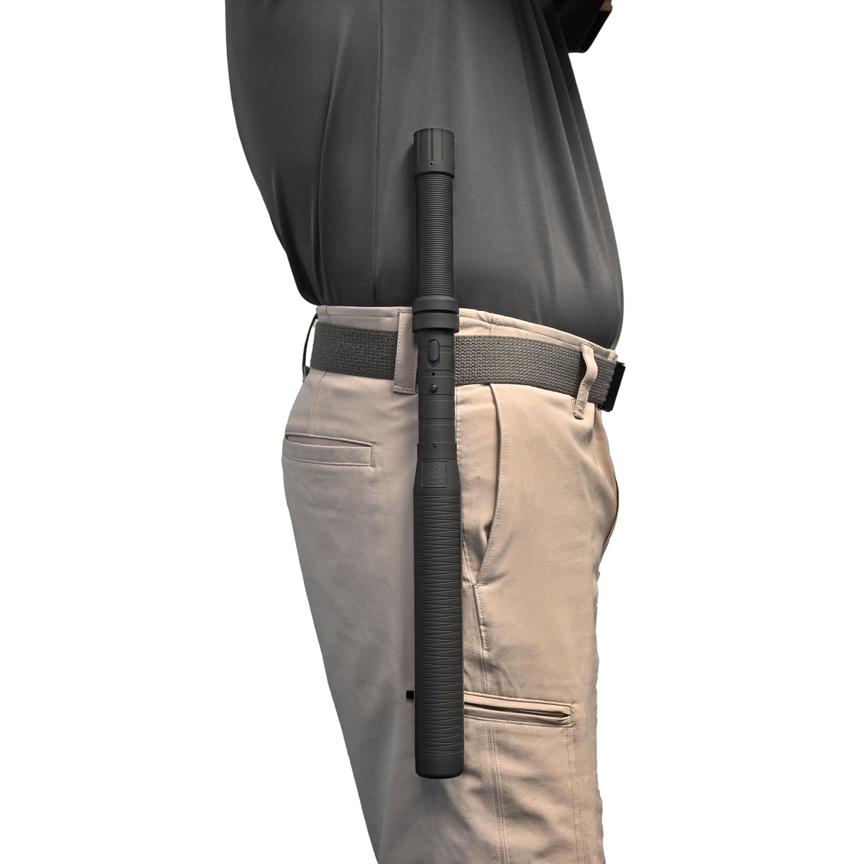 18-inch Lightning Rod LED Stun Gun Baton from Streetwise secured in a nylon holster worn on a person's belt