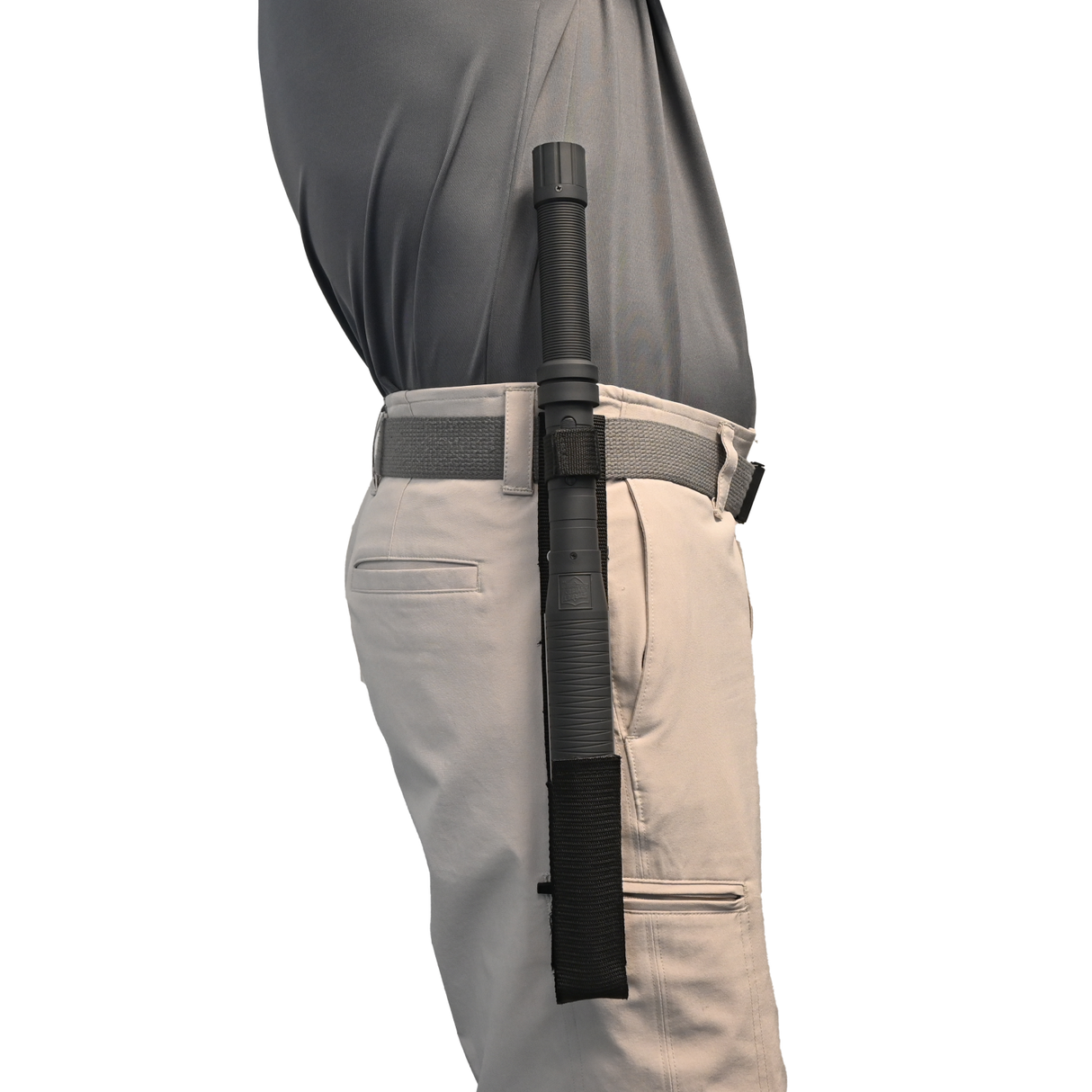 18-inch Lightning Rod LED Stun Gun Baton from Streetwise secured in a nylon holster worn on a person's belt