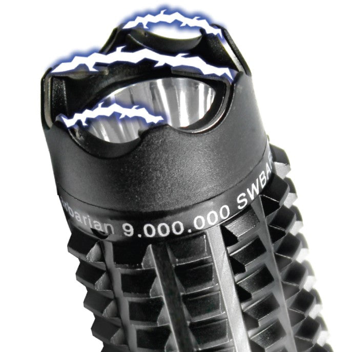 Close up view of flashlight of a 19 inch Barbarian LED Stun Gun Baton with wrist strap from Streetwise