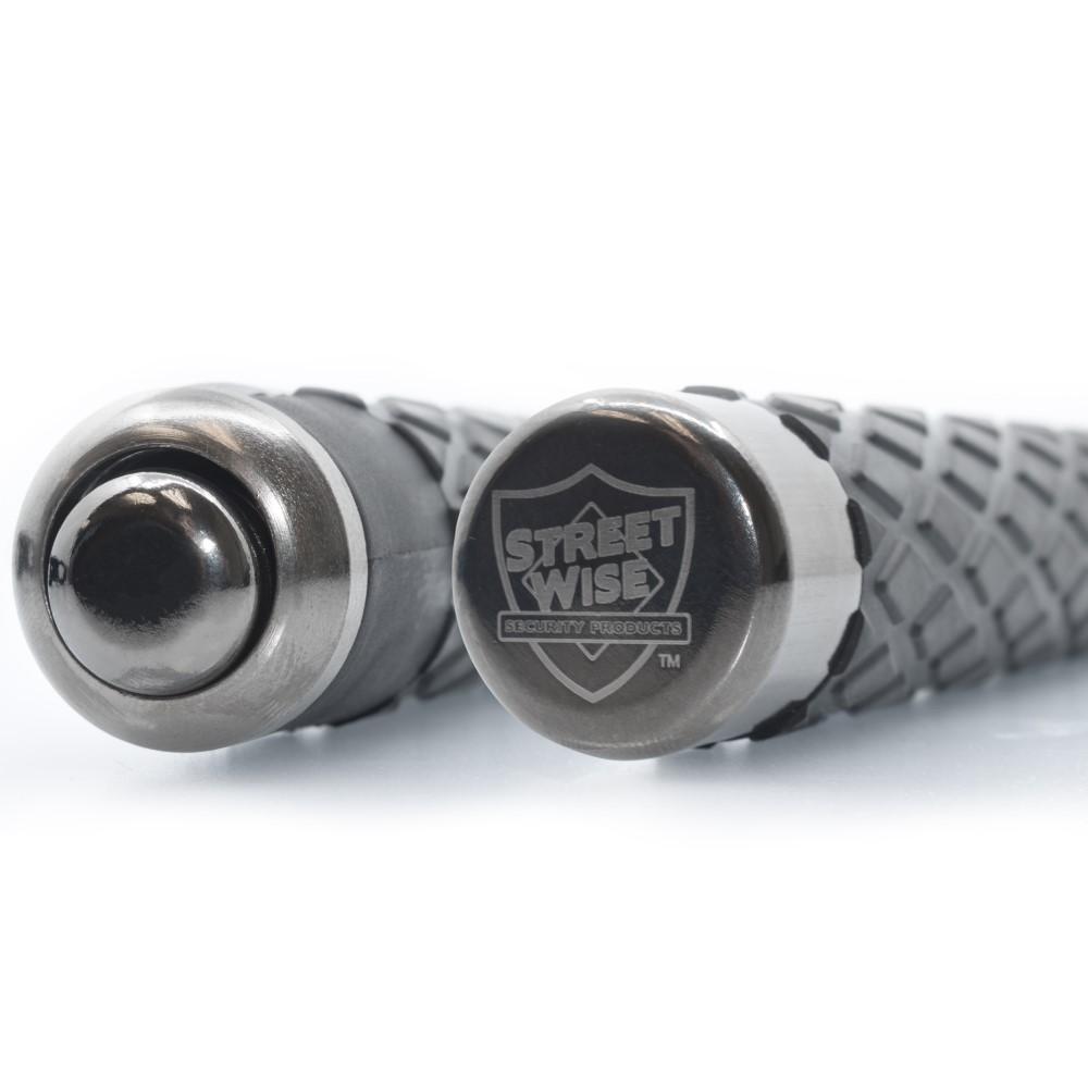 single steel baton in collapsed form focusing the ends with logo