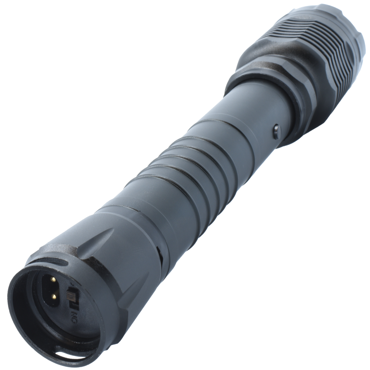 The end of Streetwise Guardian Rechargeable Stun Gun Flashlight showing the charging port